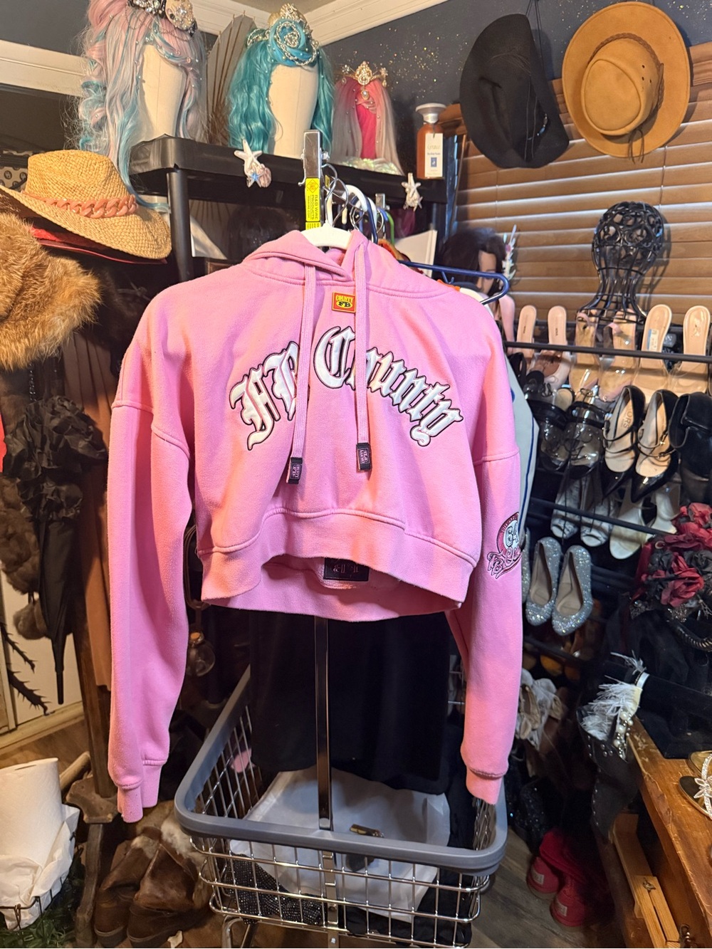 Pink Cropped Hoodie with Graphic Logo and graphic logo thick black shorts- set